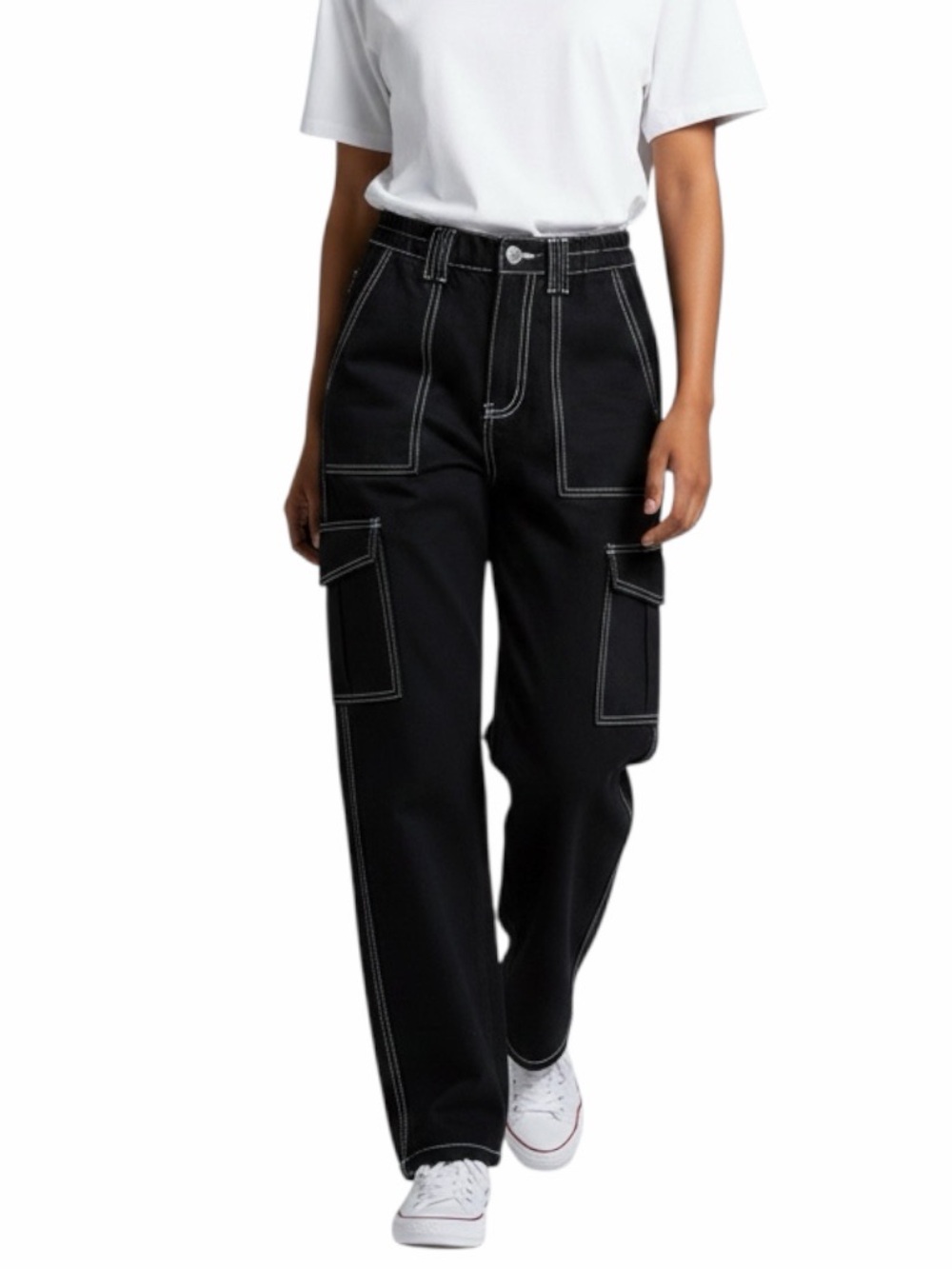 Simple Society Black Cargo Pants Contrast Stitch Wide Leg Utility Women's 23 00